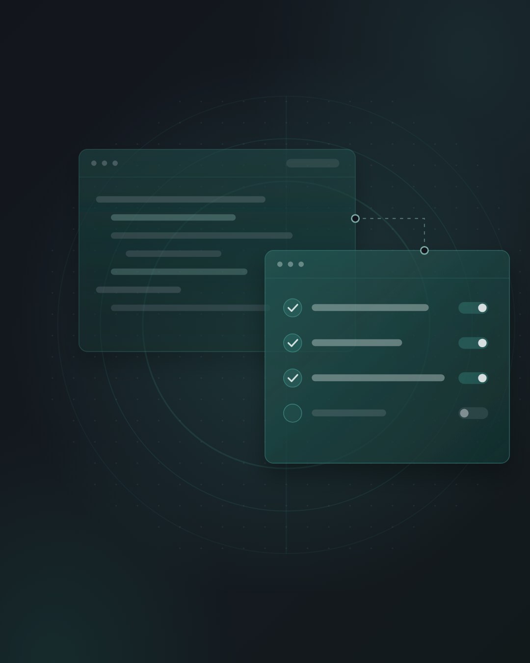 Abstract illustration of layered software windows with checklists and connected steps, in Orvessa teal on a dark background.